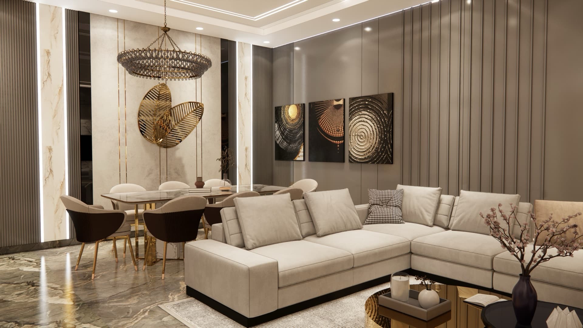 Drawing and dining room of a Dwarka residence — marble, fluted wood and brass